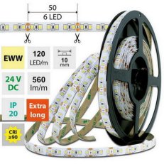 LED pásek SMD2835 EWW, 120LED/m, 7W/m, DC 24V, 560lm/m, CRI90, IP20, 10mm, 50m