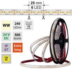 LED pásek SMD2835 WW, 240LED/m, 6W/m, DC 24V, 500lm/m, CRI90, IP67, 10mm, 50m