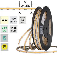 LED pásek COB WW, 480LED/m, 15W/m, DC 24V, 1455lm/m, CRI90, IP20, 10mm, 50m