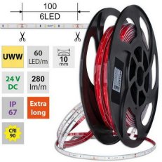 LED pásek SMD2835 UWW, 60LED/m, 4,8W/m, DC 24V, 280lm/m, CRI90, IP67, 10mm, 50m