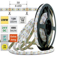 LED pásek SMD2835 UWW, 120LED/m, 7W/m, DC 24V, 490lm/m, CRI90, IP20, 10mm, 50m