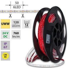 LED pásek SMD2835 UWW, 120LED/m, 14W/m, DC 24V, 760lm/m, CRI90, IP67, 12mm, 50m