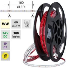 LED pásek SMD2835 WW, 60LED/m, 4,8W/m, DC 24V, 380lm/m, CRI90, IP67, 10mm, 50m