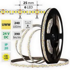 LED pásek SMD2835 UWW, 240LED/m, 6W/m, DC 24V, 390lm/m, CRI90, IP20, 8mm, 50m