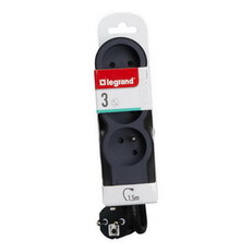 PRODLUŽOVACÍ PŘÍVOD ZÁSUVKA 3X2P+T, KABEL 1,5 M, ČERNÁ/TMAVĚ ŠEDÁ LEGRAND 049473