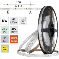 LED pásek SMD2835 NW, 60LED/m, 4,8W/m, DC 24V, 390lm/m, CRI90, IP68, 10mm, 5m