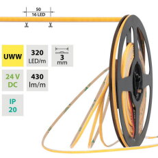 LED pásek COB UWW 320LED/m 6W/m DC 24V 430lm/m CRI90 IP20 modul 50mm 3mm 10m