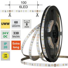 LED pásek SMD2835 UWW, 60LED/m, 4,8W/m, DC 24V, 330lm/m, CRI90, IP20, 8mm, 50m