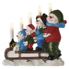 LED svícen sněhuláci na saních, 24 cm, 2x AA, vnitřní, teplá bílá, časovač