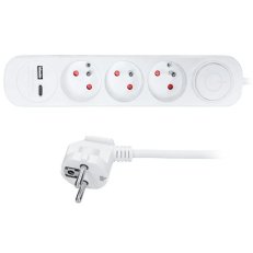 3z + USB A+C 2.4A prodlužovací přívod 3m 3 x 1mm2 bílý vypínač SOLIGHT PP111USBC