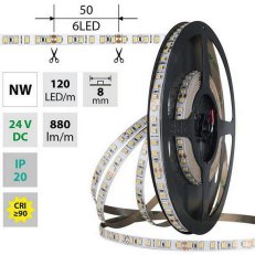 LED pásek SMD2835 NW, 120LED/m, 9,6W/m, DC 24V, 880lm/m, CRI90, IP20, 8mm, 5m