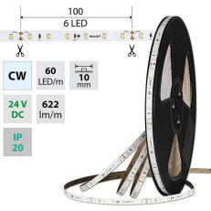 LED pásek SMD2835 CW, 60LED/m, 7,2W/m, DC 24V, 622lm/m, CRI90, IP20, 10mm, 50m