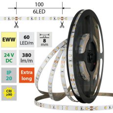 LED pásek SMD2835 EWW, 60LED/m, 4,8W/m, DC 24V, 380lm/m, CRI90, IP20, 8mm, 50m