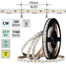 LED pásek SMD2835 CW, 160LED/m, 9W/m, DC 24V, 1160lm/m, CRI90, IP20, 10mm, 5m
