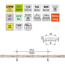 LED pásek SMD2835 UWW 126LED/m 9,6W/m DC 24V 790lm/m CRI90 IP67 105°C 10mm 5m
