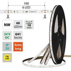 LED pásek SMD2835 NW, 60LED/m, 7,2W/m, DC 24V, 641lm/m, CRI90, IP20, 10mm, 50m