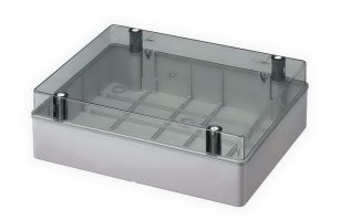 Krabice S-BOX 716-P, 380x300x120, IP56 šedá, průhl. víko, plastové šrouby, 650°C