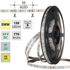 LED pásek SMD2835 EWW, 120LED/m, 9,6W/m, DC 24V, 770lm/m, CRI90, IP20, 8mm, 5m