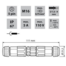 Vidlice + zásuvka M16, 5pinů, IP67, páje MCLED ML-112.411.67.2