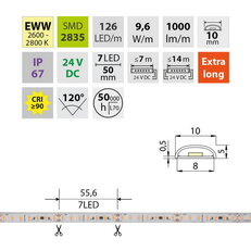 LED pásek SMD2835 EWW 126LED/m 9,6W/m DC 24V 1000lm/m CRI90 IP67 105°C 10mm 5m