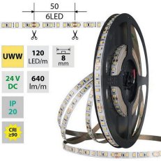 LED pásek SMD2835 UWW, 120LED/m, 9,6W/m, DC 24V, 640lm/m, CRI90, IP20, 8mm, 5m