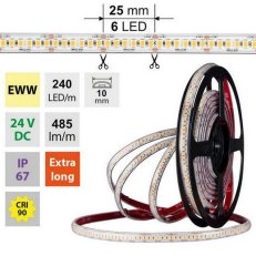 LED pásek SMD2835 EWW, 240LED/m, 6W/m, DC 24V, 485lm/m, CRI90, IP67, 10mm, 50m