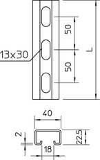 OBO MS4022P6000A2 Profilová lišta děrovaná šířka výřezu 18mm 6000x40x22,5 Nerez