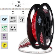 LED pásek SMD2835 CW, 120LED/m, 9,6W/m, DC 24V, 810lm/m, CRI90, IP67, 10mm, 50m