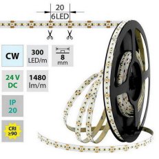 LED pásek SMD2216 CW, 300LED/m, 18W/m, DC 24V, 1480lm/m, CRI90, IP20, 8mm, 30m