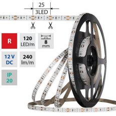 LED pásek SMD2835 červený, 120LED/m, 9,6W/m, DC 12V, 240lm/m, IP20, 8mm, 5m