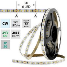 LED pásek SMD2835 CW, 120LED/m, 28,8W/m, 2653lm/m, IP20, DC 24V, 10mm, 5m