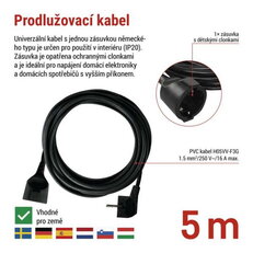 Prodlužovací kabel 5 m, 1 zásuvka, černý, PVC, 1,5 mm2 EMOS PC0125R