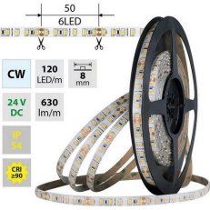 LED pásek SMD2835 CW, 120LED/m, 9,6W/m, DC 24V, 630lm/m, CRI90, IP54, 8mm, 5m