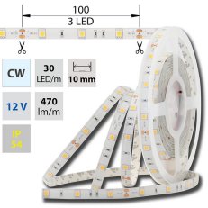 LED pásek SMD5050 CW, 30LED/m, 7,2W/m, 470lm/m, IP54, DC 12V, 10mm, 5m