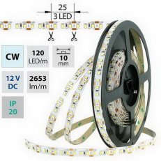 LED pásek SMD2835 CW, 120LED/m, 28,8W/m, 2653lm/m, IP20, DC 12V, 10mm, 5m