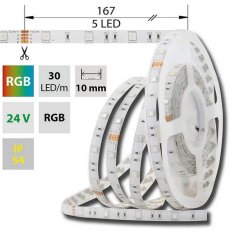 LED pásek SMD5050 RGB, 30LED/m, 8,5W/m, DC24V, 248lm/m, IP54, 10mm, 5m