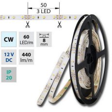 LED pásek SMD3528 studeně bílý, 60LED/m, IP20, DC 12V, 8mm, 50m