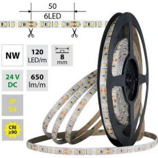 LED pásek SMD2835 NW, 120LED/m, 9,6W/m, DC 24V, 650lm/m, CRI90, IP54, 8mm, 5m