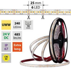 LED pásek SMD2835 UWW, 240LED/m, 6W/m, DC 24V, 380lm/m, CRI90, IP67, 10mm, 5m