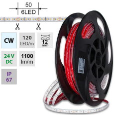 LED pásek SMD2835 CW, 120LED/m, 14W/m, DC 24V, 1100lm/m, CRI90, IP67, 12mm, 5m