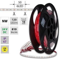 LED pásek SMD2835 NW, 120LED/m, 9,6W/m, DC 24V, 810lm/m, CRI90, IP67, 10mm, 50m