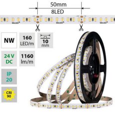 LED pásek SMD2835 NW, 160LED/m, 9W/m, DC 24V, 1160lm/m, CRI90, IP20, 10mm, 5m