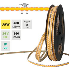 LED pásek COB UWW 480LED/m 12W/m DC 24V 860lm/m CRI90 IP20 modul 8,33mm 8mm 50m