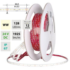LED pásek SMD2835 WW, 128LED/m, 11,5W/m, DC24V, 1925lm/m, CRI90, IP67, 12mm, 5m
