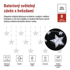 LED vánoční závěs, hvězdy,170x85cm,3xAA, venkovní, studená, časovač, EMOS DCGC03