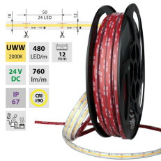 COB LED pásek UWW, 480LED/m, 8W/m, 640lm/m, CRI90, IP67, DC24V,105°C, 12mm , 50m