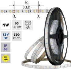 LED pásek SMD2835 NW, 60LED/m, 4,8W/m, DC 12V, 390lm/m, CRI90, IP68, 10mm, 5m