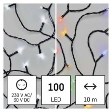 LED vánoční řetěz 2v1 10 m venkovní i vnitřní studená bílá/multicolor programy