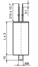 Světelný kompenzační kondenzátor 14uF 30x72mm dráty 210mm šroub M8 LCP0140021