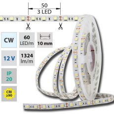 LED pásek SMD5050 CW, 60LED/m, 14,4W/m, DC 12V, 1515lm/m, IP20, 10mm, 50m